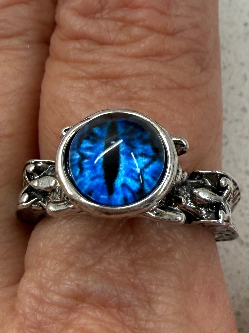 Blue Dragon Eye Adjustable Ring Silver Tone Gothic Fantasy